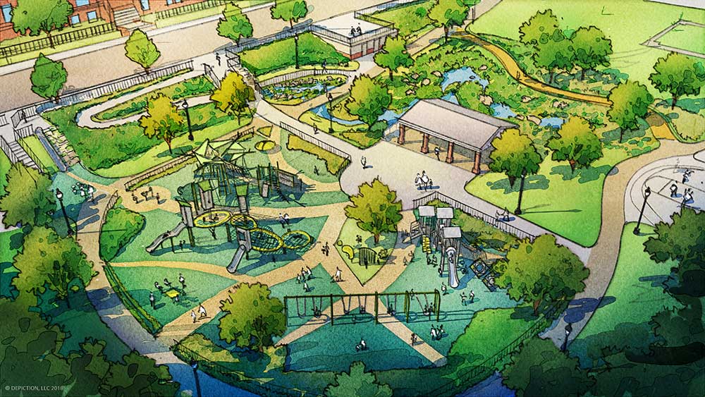 Drawing of new Wightman Park design, including playground and green infrastructure